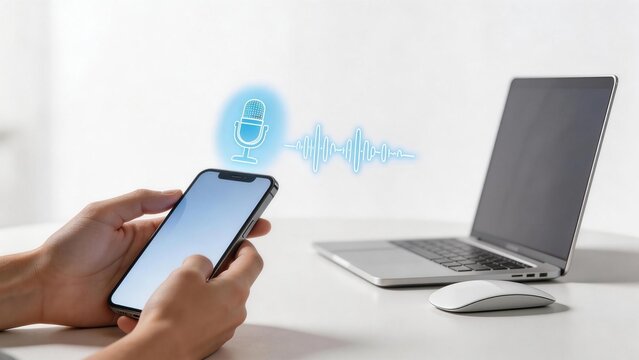 Voice recognition and speech to text technology concept,smartphone with microphone icon and sound wave,modern mobile communication and AI assistant interface