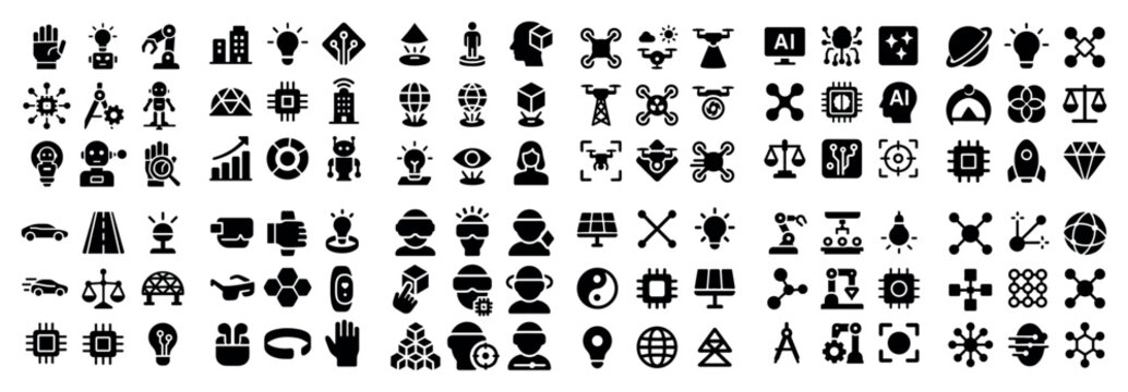 Technology icons with chip robot drone bold