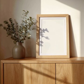 Warm light illuminates a blank wooden frame and dried foliage on a cabinet