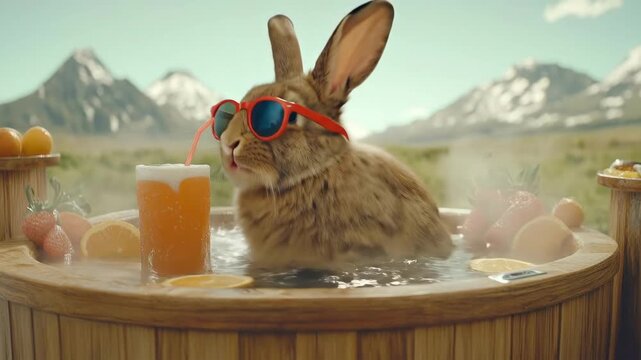 Cute bunny relaxing in hot tub with sunglasses and fruit drink in mountain landscape. Easter, Pascha, Paskha, Ostern, Pascua, Paques - Orthodox and Catholic Holiday celebration