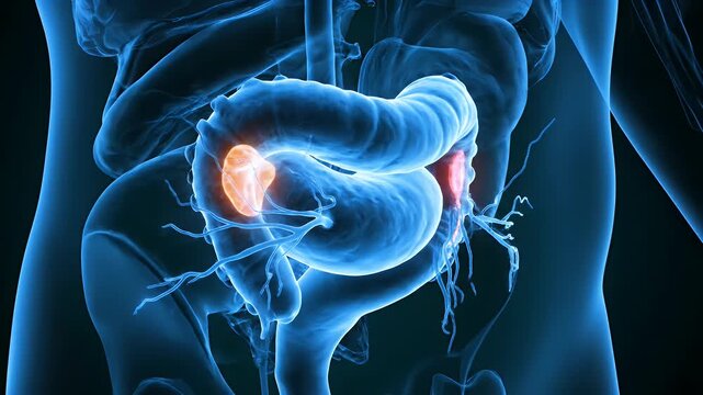 3D Medical Animation of Human Intestines with Highlighted Inflammation.