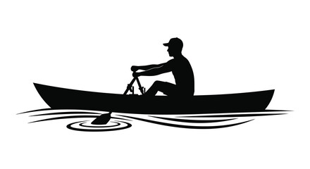 A striking black silhouette depicts a lone rower navigating a small boat across rippling water silhouette high quality professional detailed modern © Creativekhairul02