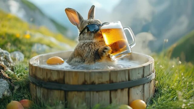 Rabbit relaxing in rustic hot tub with sunglasses and beer in scenic mountain setting. Easter, Pascha, Paskha, Ostern, Pascua, Paques - Orthodox and Catholic Holiday celebration