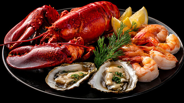 A plate of seafood including lobster shrimp and oysters