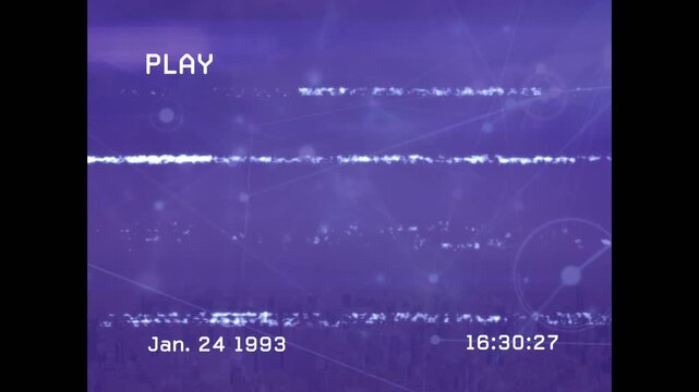 Animation of vhs glitch effect over network of connections against blue background