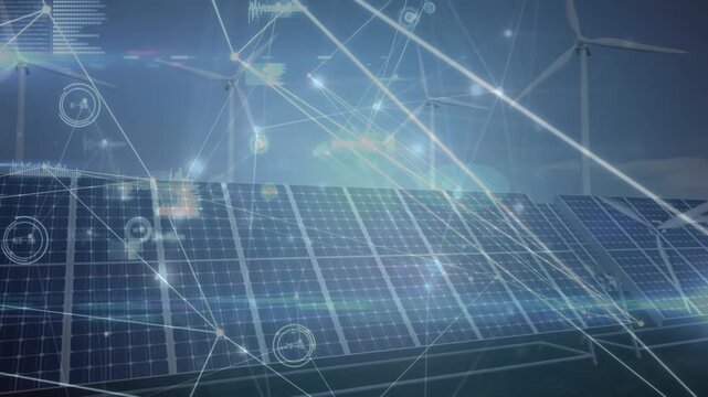 Animation of database, graphs icons, connected dots with lines over solar panels and windmills