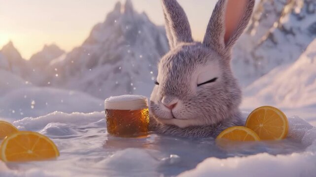 Adorable bunny enjoying relaxing hot tub with orange slices in snowy mountain setting. Easter, Pascha, Paskha, Ostern, Pascua, Paques - Orthodox and Catholic Holiday celebration