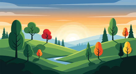A pixelated landscape depicting rolling hills, trees, and sunset © Itachi