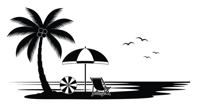 A tropical beach scene with a palm tree beach chair umbrella and ocean waves rendered as a silhouette high quality professional