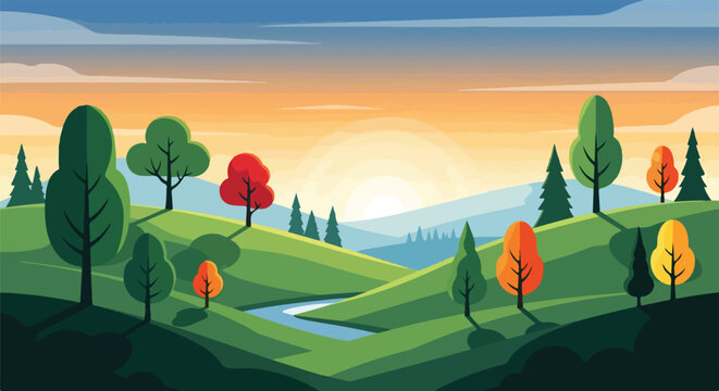 A pixelated landscape depicting rolling hills, trees, and sunset