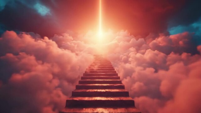 Stairway to heaven amidst dramatic cloudscape and glowing horizon. Easter, Pascha, Paskha, Ostern, Pascua, Paques - Orthodox and Catholic Holiday celebration