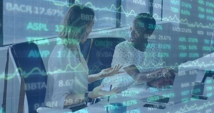 Animation of graphs and trading board, multiracial colleagues sharing ideas over laptop in office
