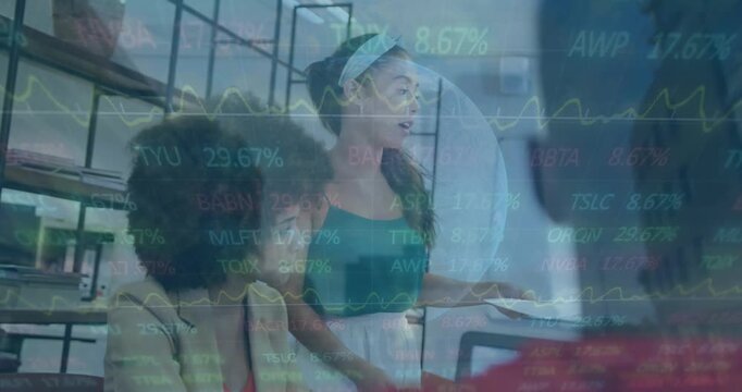 Animation of globe, graphs, trading board over multiracial coworkers sharing ideas in office