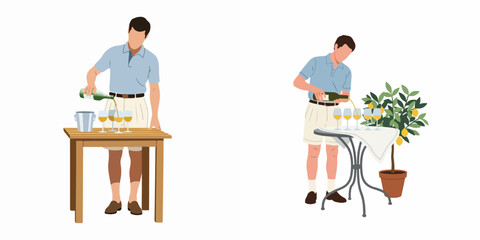 Flat vector illustration of a man in a blue polo shirt and shorts pouring white wine into glasses at outdoor tables.