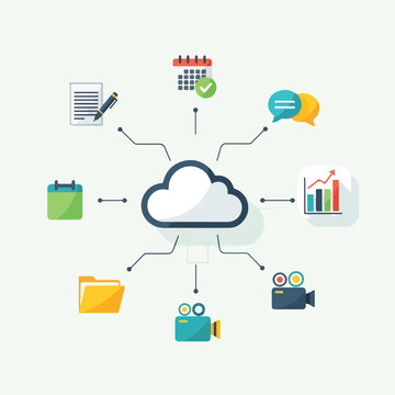 A vector illustration depicting cloud computing and data sharing