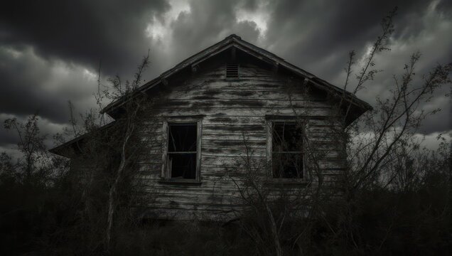 Eerie Abandoned House Under a Stormy Sky in Black and White.