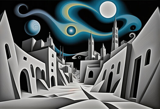 Strange surreal town at night