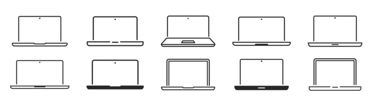 Laptop icon set, simple outline and silhouette notebook computer collection, minimal line vector illustration, modern digital device symbols on transparent background