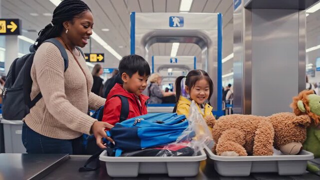 Black mother and asian children at security checkpoint, mother places backpacks and large teddy into plastic tray on conveyor, children curious and playful as tray moves through x-ray