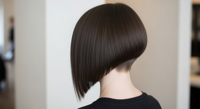 Woman displays a sharp, professional dark bob haircut with a modern undercut design at the nape of the neck, highlighting precision styling techniques used by expert hair salon professionals today.