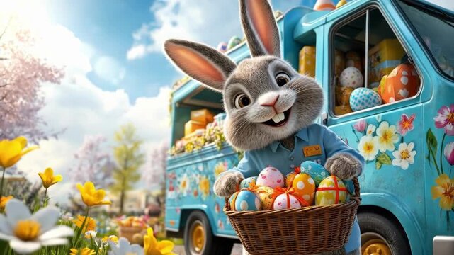 Cheerful easter bunny holding colorful eggs in spring garden. Easter, Pascha, Paskha, Ostern, Pascua, Paques - Orthodox and Catholic Holiday celebration