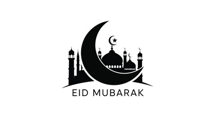 A striking black graphic depicts a crescent moon mosque and minarets with eid mubarak text silhouette high quality professional detailed © Creativekhairul02