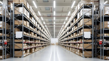 Fototapeta premium Long warehouse aisle with stacked cartons on industrial racks