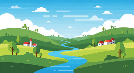 A stylized vector landscape of rolling green hills and a blue river © Jalilun