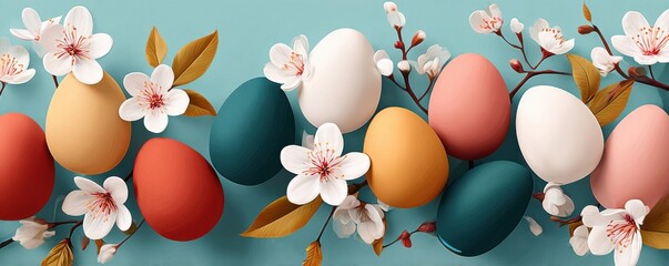 Naklejka premium Easter pastel eggs and cherry blossom branches on a soft teal spring background