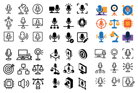 Audio icons with microphone and computer outline