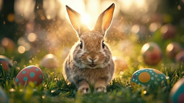 Energetic bunny leaping through a field of colorful easter eggs at sunset. Easter, Pascha, Paskha, Ostern, Pascua, Paques - Orthodox and Catholic Holiday celebration