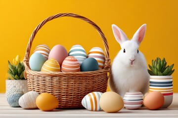 Naklejka premium Easter bunny beside a wicker basket of colorful decorated eggs on a bright yellow background