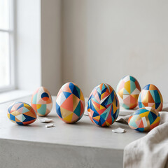 Fototapeta premium Modern Easter eggs with colorful geometric patterns and broken eggshell pieces on a gray surface