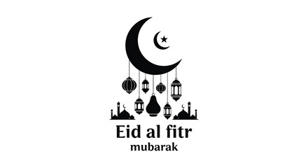 A crescent moon and mosque skyline design celebrates eid al fitr featuring a striking black silhouette high quality professional detailed modern © Creativekhairul02