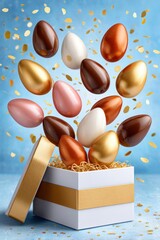 Naklejka premium Easter gift box with flying golden and pink chocolate eggs and confetti celebration