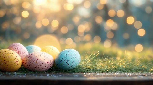 Colorful easter eggs on grass with sparkling bokeh background. Easter, Pascha, Paskha, Ostern, Pascua, Paques - Orthodox and Catholic Holiday celebration