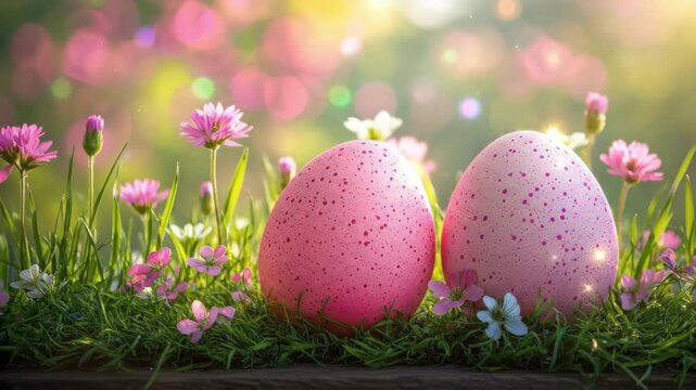 Colorful pink easter eggs in grass with flowers and blurred nature background. Easter, Pascha, Paskha, Ostern, Pascua, Paques - Orthodox and Catholic Holiday celebration