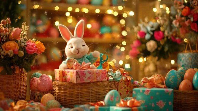 Festive easter scene with bunny, colorful eggs, flowers, and gift baskets. Easter, Pascha, Paskha, Ostern, Pascua, Paques - Orthodox and Catholic Holiday celebration