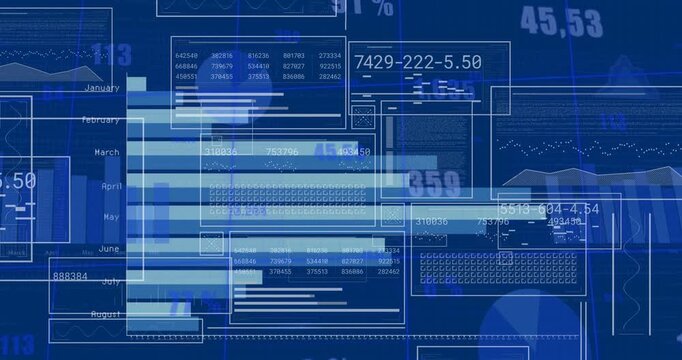 Animation of graphs, months names, changing numbers, loading circles and bars over blue background