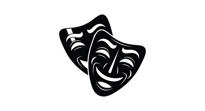 A striking black silhouette depicts traditional comedy and tragedy masks conveying duality and theatrical expression silhouette high quality professional detailed modern
