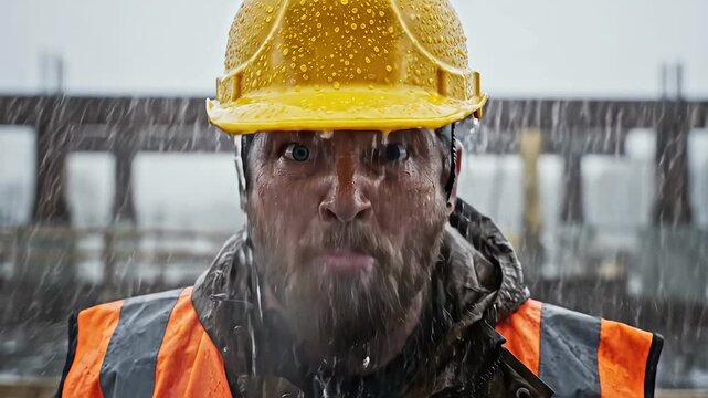 Construction worker in heavy rain shouting warning with intense expression, face soaked, urgent alert during hazardous situation, emotional reaction to danger at industrial site under extreme downpour