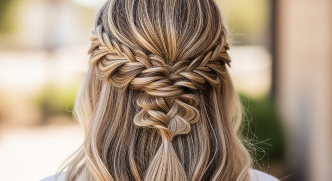 Hairstyle showcasing a sophisticated half-up braided design on blonde hair highlights professional styling techniques and elegant texture, making it an ideal choice for formal events and weddings.