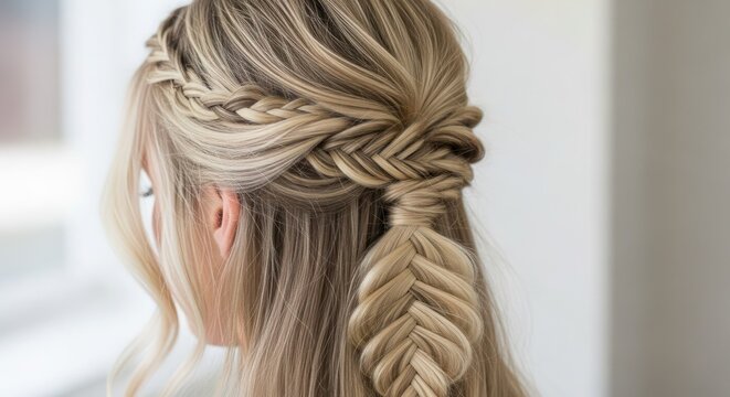 Hairstyle with a classic fishtail braid creates a romantic and ethereal aesthetic that works beautifully for summer garden parties or casual outdoor gatherings requiring a touch of elegance.
