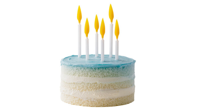 Small round birthday cake with blue frosting and six yellow-tipped candles, perfectly isolated on transparent background for celebration designs