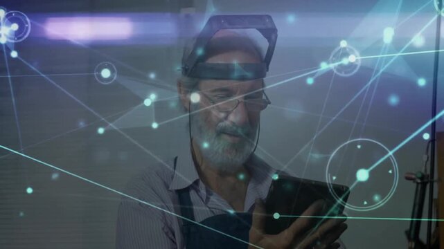 Holding tablet technician examining tech data initiating holographic network clusters