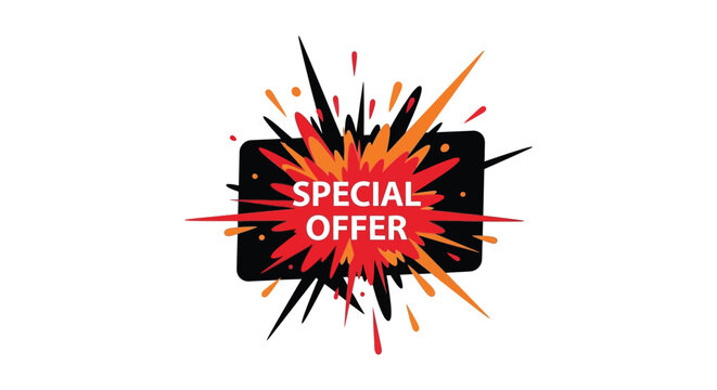 A vibrant abstract explosion of red and orange shapes surrounds a black rectangle displaying special offer silhouette high quality professional
