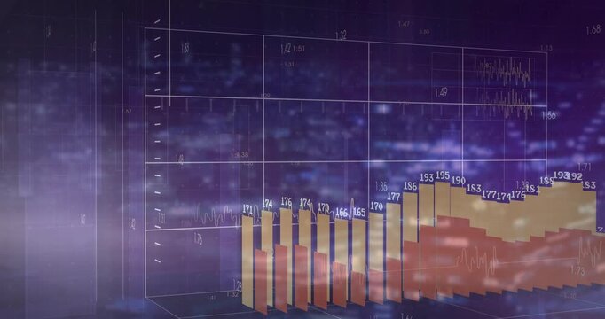 Grid lines sliding in and 3D bar chart columns growing then receding while visualizing data trends