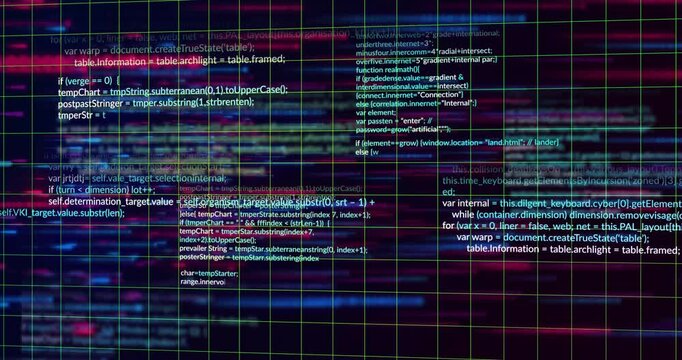 Upon scene start green grid streaming red-blue light streaks and code blocks visualizing data flow