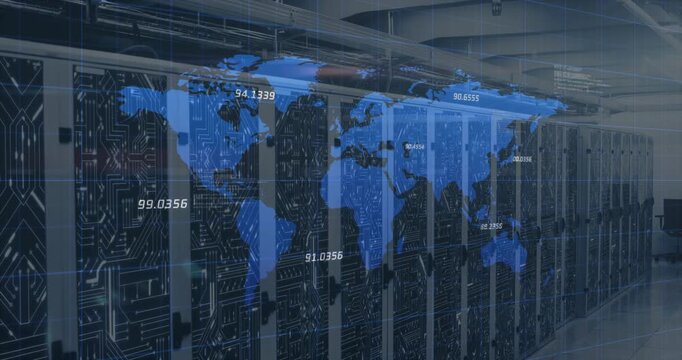 On boot server racks displaying map overlay updating readouts enabling global data monitoring