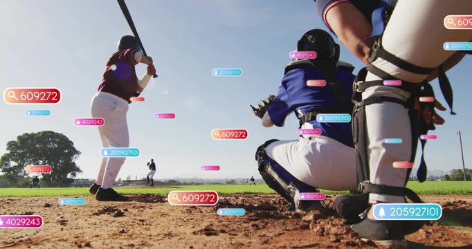 Teen batter holding bat at plate as pitcher raising activating icons circling gear showing stats